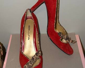 Bellini Red Suede Leopard Print Trim Pumps