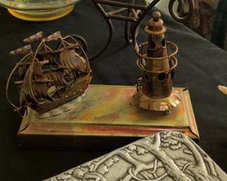 Vintage "Beyond the Sea" Metal Music Box Ship and Lighthouse