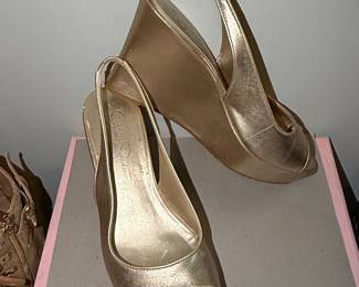 Jessica Simpson Gold Wedge Peep-Toe Slingbacks