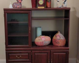 Cherry Finish Media Console with Glass Door Cabinet