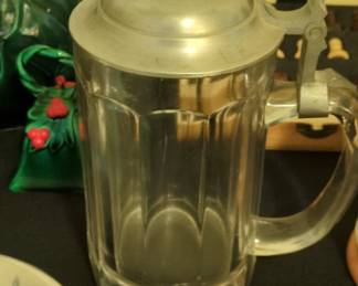 Vintage German Glass Beer Stein with Pewter Lid