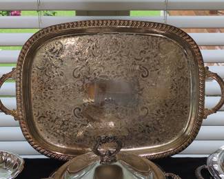 Ornate Silver-Plated Serving Tray with Handles