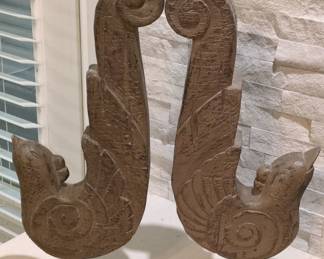 Pair of Hand-Carved Wooden Architectural Corbels on Stands