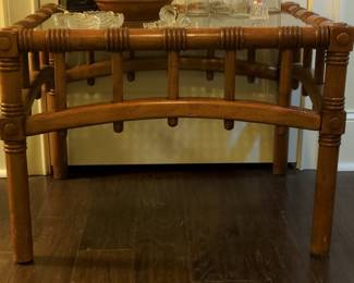 Vintage Faux Bamboo Rattan Side Table with Glass Top