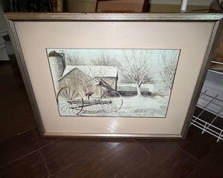 Winter Farm Scene with Hay Rake