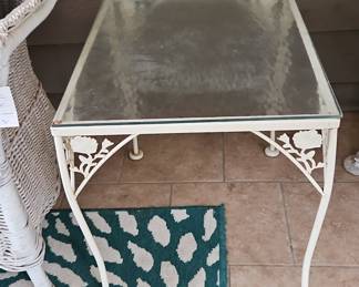 White Wrought Iron Floral Motif Glass Top Side Table
