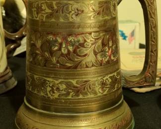 Brass Tankard with Floral Engraving and Red Enamel Fill