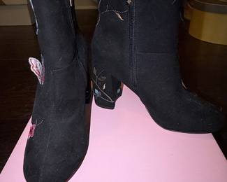 Nanette Lepore Black Embroidered Butterfly and Floral Ankle Boots