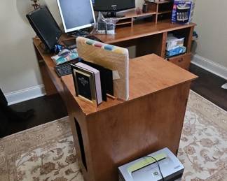 Wooden Desk with Computer Monitors and Shredder