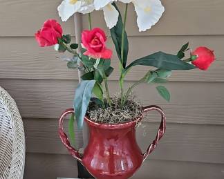 Red Glazed Ceramic Urn with Artificial Irises and Roses