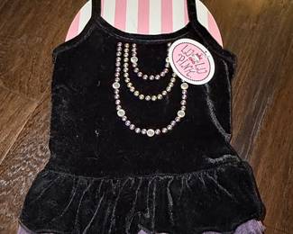 LuLu Pink Black Velvet Dog Dress with Pearl and Rhinestone Necklace