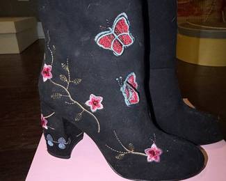 Nanette Lepore Black Embroidered Butterfly and Floral Ankle Boots