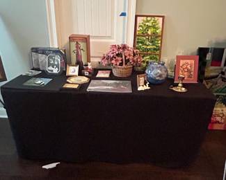 Assorted Decorative Items and Artwork Display