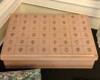 Vintage Pink Jewelry Box with Fleur-de-lis and Crest Emblems