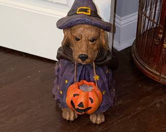 Halloween Dog Figurine with Witch Hat and Pumpkin Bucket