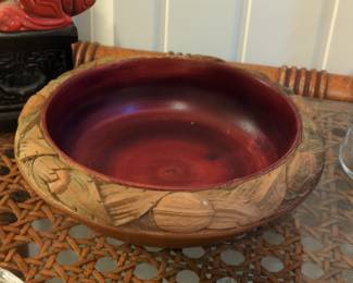 Vintage Hand-Carved Wooden Bowl with Red Interior and Leaf Motif