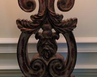 Ornately Carved Table Lamp with Tan Oval Burlap Shade