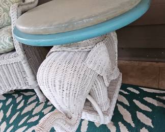 White Wicker Elephant Side Table with Blue Rim Glass Top