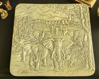 Arthur Court Aluminum Embossed Elephant Scene Plaque
