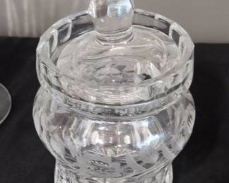 Etched Glass Condiment Jar with Spoon Slot Lid