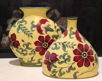 Pair of Hand-Painted Yellow Ceramic Vases with Floral Motif