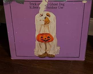 Ghost Dog with Jack-o'-Lantern Candy Bucket Figurine