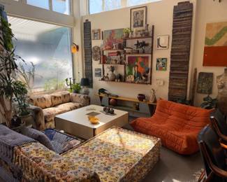 Willy Rizzo Coffee Table, Toga Sofa by Michelle Ducaroy, Mah Jong, 1970's textured love seat