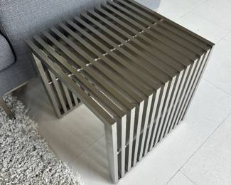 Two - metal square end tables (15 3/4” x 16 1/2” tall); $450 ea.