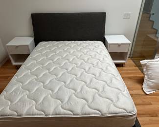 Two matching Serta queen beds with fabric headboards; barely used in like-new condition; Room & Board Ella Bed frames; $800 ea.