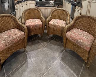 Set of 4 rattan & wicker barrel chairs w/cushions