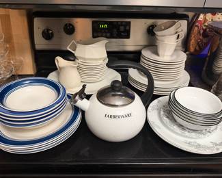 Assortment of China and Farberware tea kettle