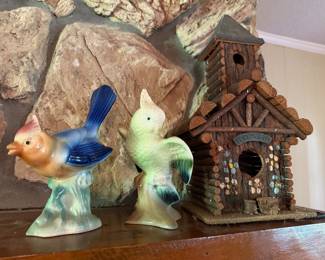 Rare Ceramic birds with vintage birdhouse 