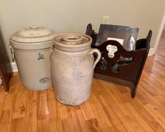 Butter churn and Medalta Potteries Ltd. 5 Imperial Gallon Stoneware Crock, complete with its original ceramic lid and metal wire side handles