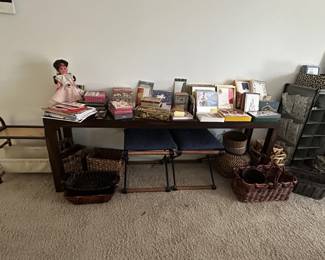 Table w/stools, wicker baskets, stationary & coloring books