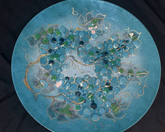 Lot 200: Blue enamel-on-copper decorative plate with gold scroll motif