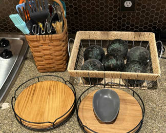Lot 111: Kitchen Utensil Basket, Trivets, and Decorative Spheres