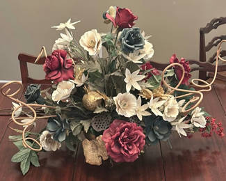 Lot 10: Artificial Floral Centerpiece, Decorative Branch Stems, and Metal Wine Rack