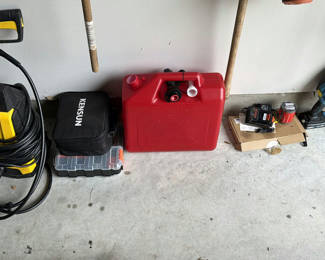 Lot 147: Garage power tools, fuel container, and storage boxes
