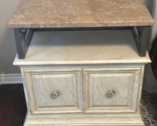 Lot 42: Two-tier distressed white wood cabinet with marble-top shelf