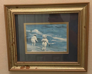Lot 214: Framed blue-toned print of two children
