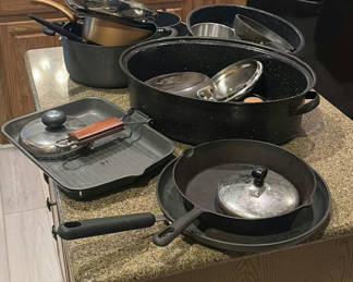 Lot 206: Assorted Pots, Pans, Lids, and Griddle
