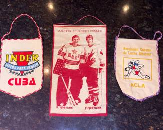 Vtg Cuban INDER “Ready to Win” Pennant, Cuban Amateur Wrestling Association Pennant, 1980s Pennant Soviet Goaltender Vladislav Tretiak & Canadian Wayne Gretszky!