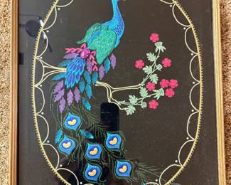 MCM Framed Embroidered Peacock on Velvet!