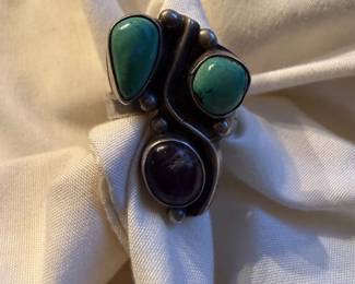 Sterling Silver Multi-Stone Ring — two turquoise cabochons and one purple cabochon (sugilite or amethyst) in an asymmetrical freeform silver setting with bead accents. Stamped Sterling. 11.6g.