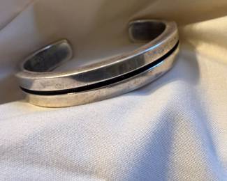 Heavy Sterling Silver Cuff with Black Onyx/Jet Channel Inlay — minimalist double-band design. Signed "HW." Purchased at an Arizona powwow, circa 2006. 78.8g.