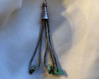 Vintage Turquoise Nugget Necklace — five large oval turquoise nugget stations with dark matrix, separated by dark tube-bead spacers and small silver rondelles, toggle clasp. Unmarked. 52.9g total.