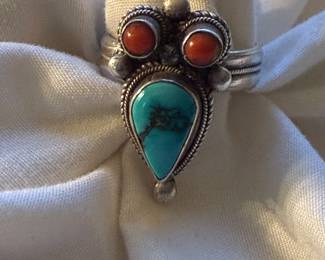 Vintage Turquoise Nugget Necklace — five large oval turquoise nugget stations with dark matrix, separated by dark tube-bead spacers and small silver rondelles, toggle clasp. Unmarked. 52.9g total.