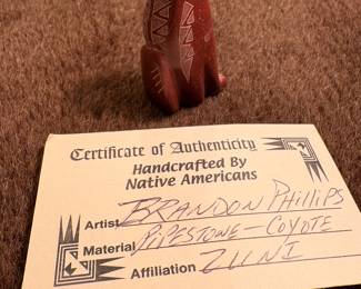 Zuni carved pipestone coyote fetish, by Brandon Phillips