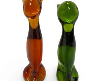 Pilgrim Green Amber Handblown Art Glass Cats