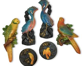 1960s Miller Studios Bird Chalkware Wall Plaques Parrots, Cranes, Songbirds